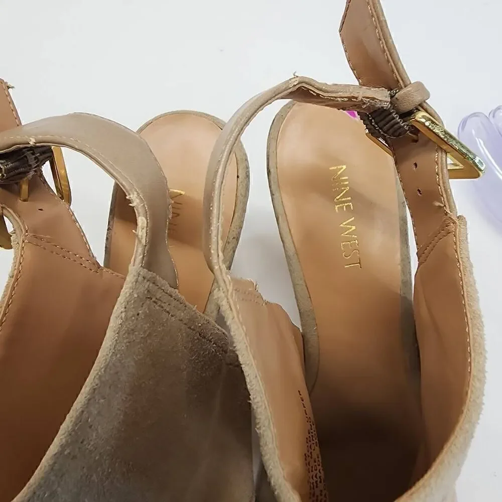 Nine West Size 8.5 Payton Suede Tan Leather Wedge Slingback Sandal Heels O